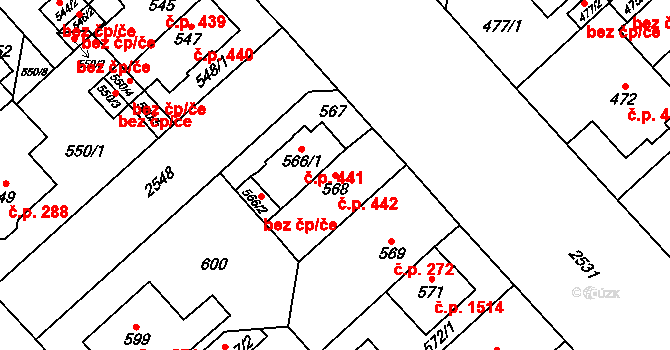 Doubravka 442, Plzeň na parcele st. 568 v KÚ Doubravka, Katastrální mapa