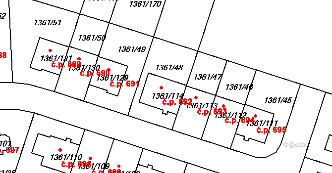 Vinoř 692, Praha na parcele st. 1361/114 v KÚ Vinoř, Katastrální mapa