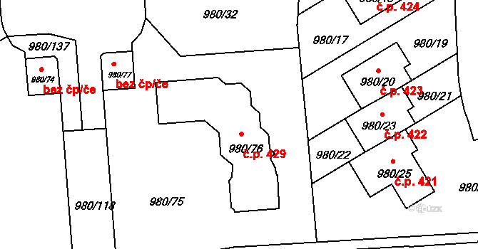 Písnice 429, Praha na parcele st. 980/76 v KÚ Písnice, Katastrální mapa