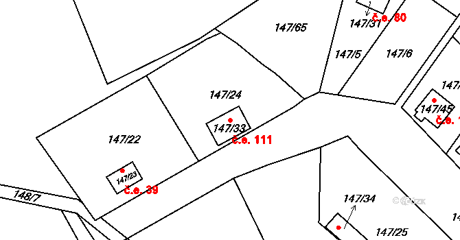 Poláky 111, Chbany na parcele st. 147/33 v KÚ Poláky, Katastrální mapa