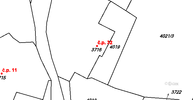 Chaloupky 32, Klatovy na parcele st. 3716 v KÚ Klatovy, Katastrální mapa