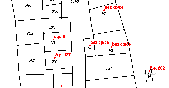 Dolní Rožínka 3 na parcele st. 1/4 v KÚ Dolní Rožínka, Katastrální mapa