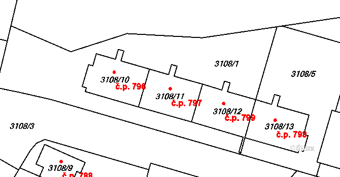 Bystřice nad Pernštejnem 797 na parcele st. 3108/11 v KÚ Bystřice nad Pernštejnem, Katastrální mapa