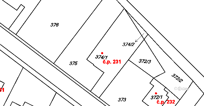 Hvozdná 231 na parcele st. 374/1 v KÚ Hvozdná, Katastrální mapa