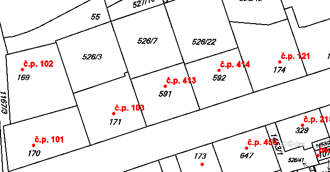 Prštné 413, Zlín na parcele st. 591 v KÚ Prštné, Katastrální mapa