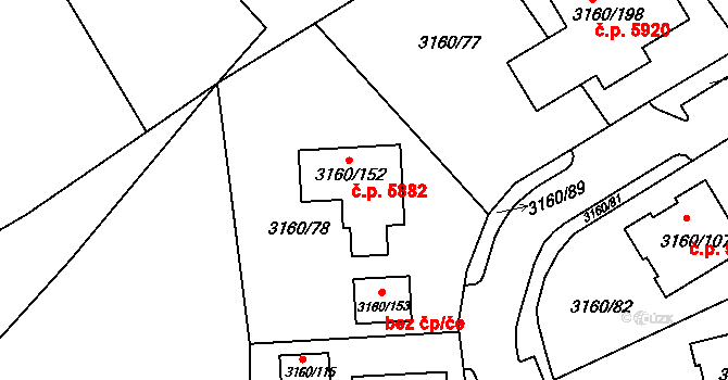 Chomutov 5882 na parcele st. 3160/152 v KÚ Chomutov II, Katastrální mapa
