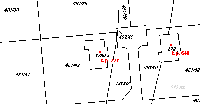 Nučice 727 na parcele st. 1269 v KÚ Nučice u Rudné, Katastrální mapa