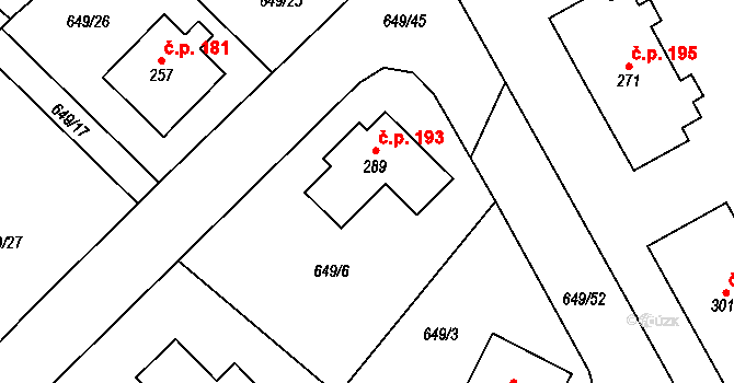 Kovářov 193 na parcele st. 289 v KÚ Kovářov, Katastrální mapa