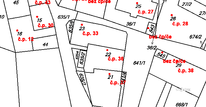 Byškovice 36, Neratovice na parcele st. 22 v KÚ Byškovice, Katastrální mapa