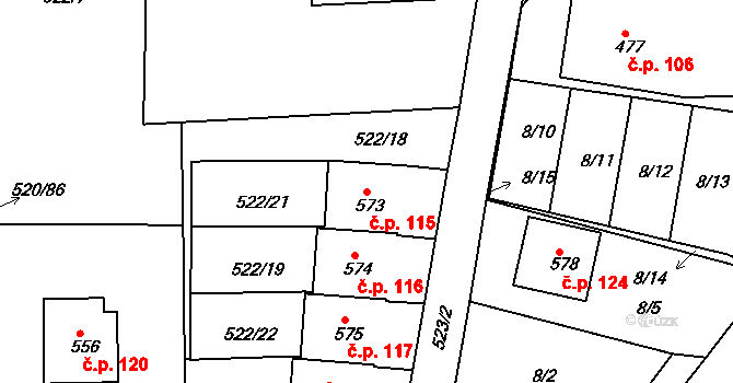 Trhanov 115 na parcele st. 573 v KÚ Trhanov, Katastrální mapa