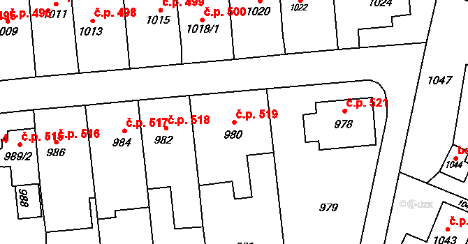 Fulnek 519 na parcele st. 980 v KÚ Fulnek, Katastrální mapa