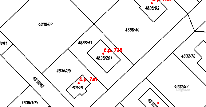 Sviadnov 735 na parcele st. 4838/201 v KÚ Sviadnov, Katastrální mapa