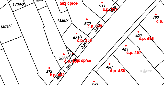 Rakvice 338 na parcele st. 671/1 v KÚ Rakvice, Katastrální mapa