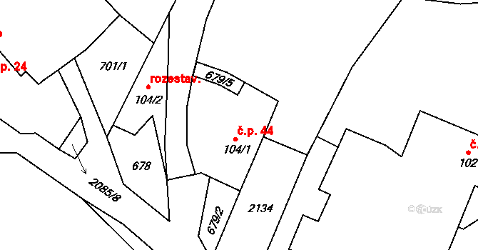 Rankov 44, Trhové Sviny na parcele st. 104/1 v KÚ Rankov u Trhových Svinů, Katastrální mapa