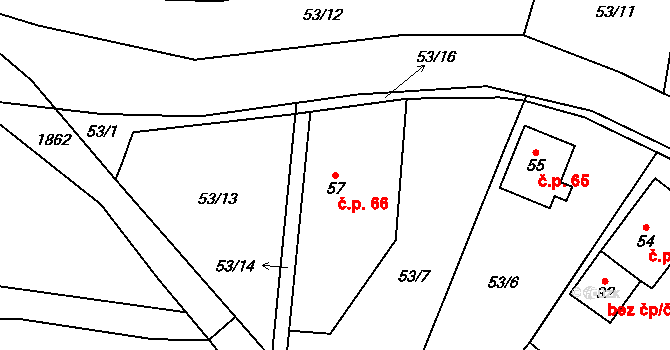 Vidžín 66, Úterý na parcele st. 57 v KÚ Vidžín, Katastrální mapa
