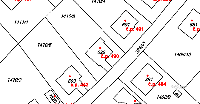 Brtnice 490 na parcele st. 692 v KÚ Brtnice, Katastrální mapa
