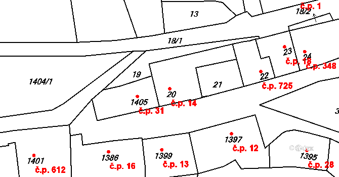 Švermov 14, Kladno na parcele st. 20 v KÚ Motyčín, Katastrální mapa