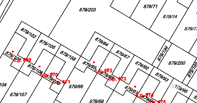 Kosmonosy 672 na parcele st. 879/85 v KÚ Kosmonosy, Katastrální mapa