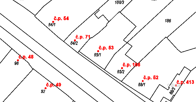 Senice na Hané 53 na parcele st. 85/1 v KÚ Senice na Hané, Katastrální mapa