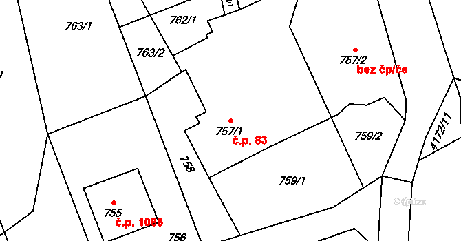 Dolní Lutyně 83 na parcele st. 757/1 v KÚ Dolní Lutyně, Katastrální mapa