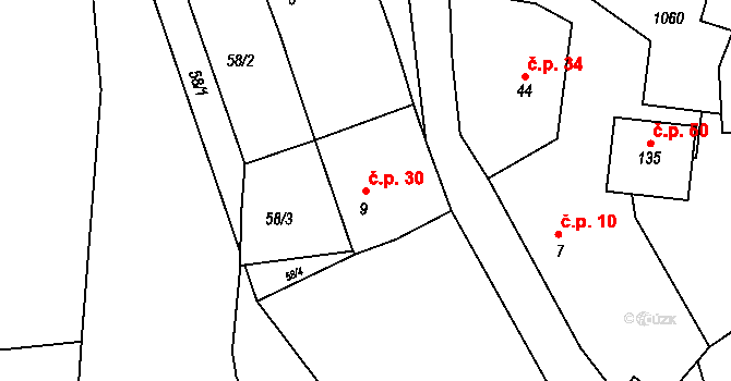 Čeňovice 30, Teplýšovice na parcele st. 9 v KÚ Čeňovice, Katastrální mapa