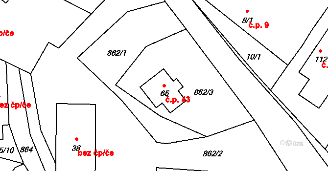 Račerovice 43, Třebíč na parcele st. 65 v KÚ Račerovice, Katastrální mapa
