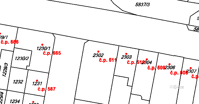 Židenice 511, Brno na parcele st. 2302 v KÚ Židenice, Katastrální mapa
