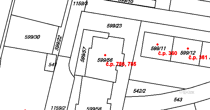Prosek 785,786, Praha na parcele st. 599/56 v KÚ Prosek, Katastrální mapa