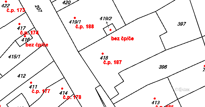 Hodkovice nad Mohelkou 187 na parcele st. 418 v KÚ Hodkovice nad Mohelkou, Katastrální mapa