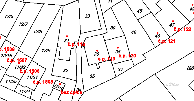 Fryštát 119, Karviná na parcele st. 36 v KÚ Karviná-město, Katastrální mapa