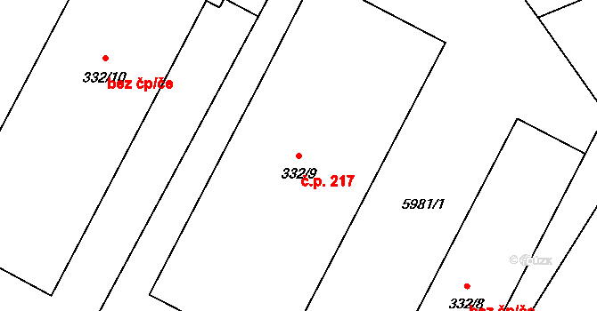 Hrušovany nad Jevišovkou 217 na parcele st. 332/9 v KÚ Hrušovany nad Jevišovkou, Katastrální mapa