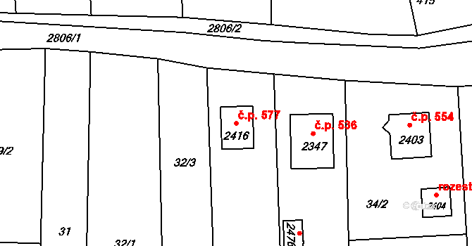 Hranice IV-Drahotuše 577, Hranice na parcele st. 2416 v KÚ Drahotuše, Katastrální mapa
