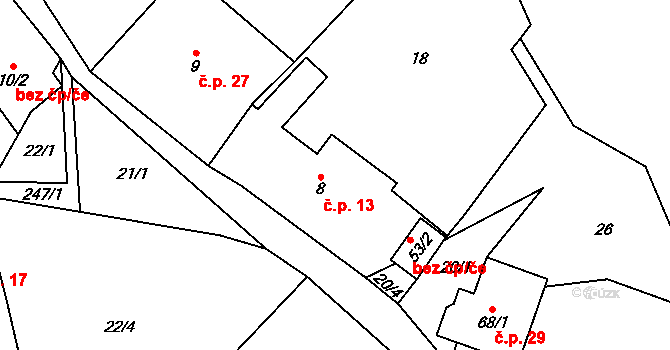 Pohořílky 13, Otín na parcele st. 8 v KÚ Pohořílky u Otína, Katastrální mapa