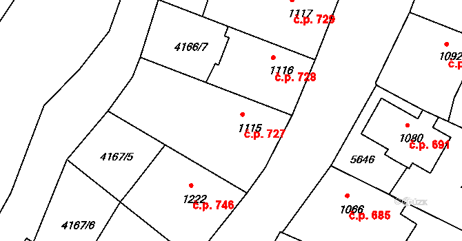 Vizovice 727 na parcele st. 1115 v KÚ Vizovice, Katastrální mapa