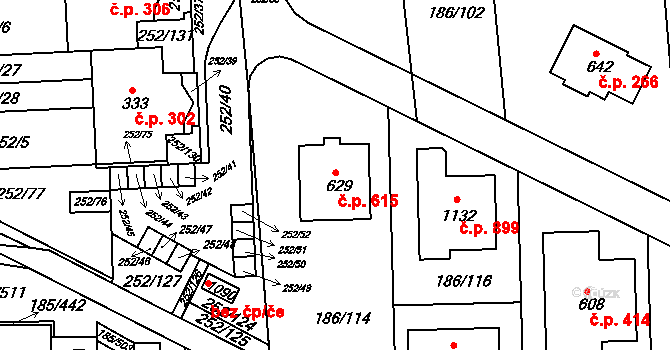 Chýně 615 na parcele st. 629 v KÚ Chýně, Katastrální mapa