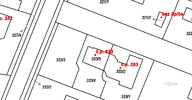 Zruč 623, Zruč-Senec na parcele st. 333/5 v KÚ Zruč, Katastrální mapa
