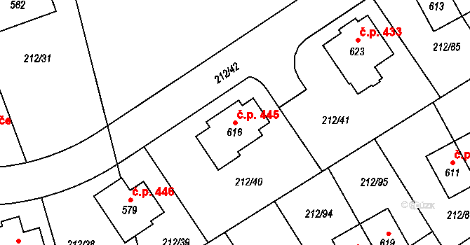 Počaply 445, Králův Dvůr na parcele st. 616 v KÚ Počaply, Katastrální mapa
