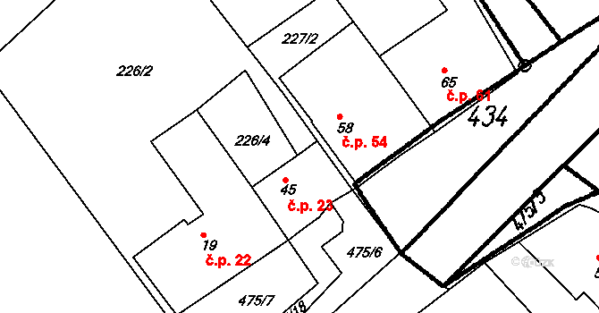 Hyršov 23, Všeruby na parcele st. 45 v KÚ Hyršov, Katastrální mapa