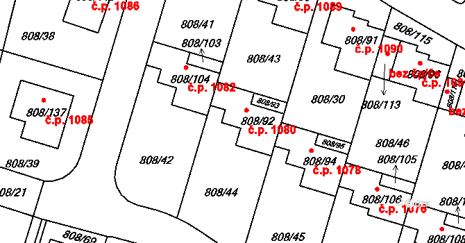 Srubec 1080 na parcele st. 808/92 v KÚ Srubec, Katastrální mapa