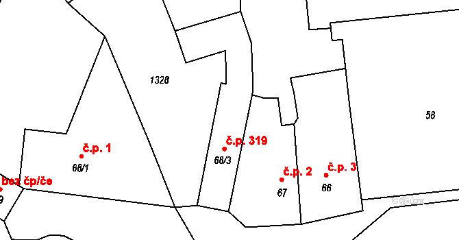Mirovice 319 na parcele st. 68/3 v KÚ Mirovice, Katastrální mapa