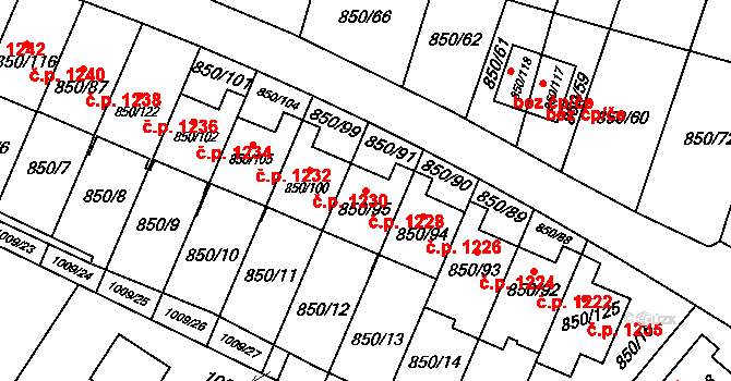 Mohelnice 1228 na parcele st. 850/95 v KÚ Mohelnice, Katastrální mapa