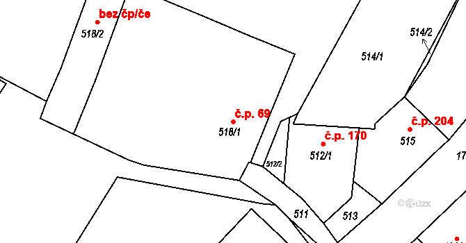 Hodslavice 69 na parcele st. 518/1 v KÚ Hodslavice, Katastrální mapa