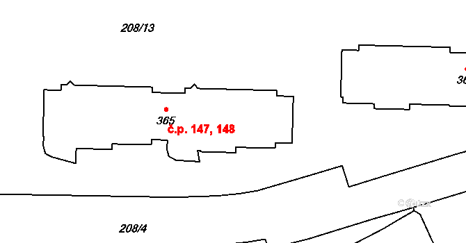 Domoradice 147,148, Český Krumlov na parcele st. 365 v KÚ Přísečná-Domoradice, Katastrální mapa