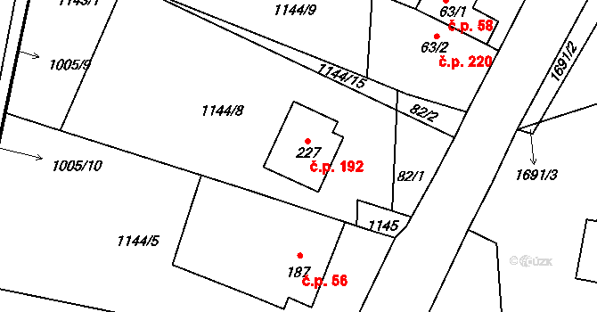 Čejov 192 na parcele st. 227 v KÚ Čejov, Katastrální mapa