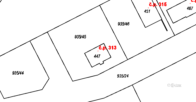 Hrabišín 313 na parcele st. 447 v KÚ Hrabišín, Katastrální mapa
