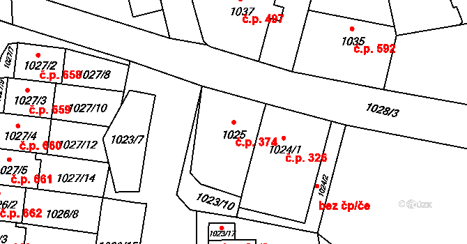 Konice 374 na parcele st. 1025 v KÚ Konice, Katastrální mapa