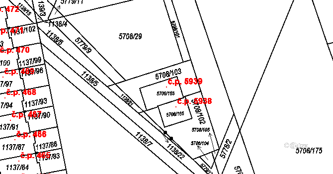 Jihlava 5939 na parcele st. 5708/165 v KÚ Jihlava, Katastrální mapa