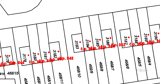Lyžbice 849, Třinec na parcele st. 3183 v KÚ Lyžbice, Katastrální mapa