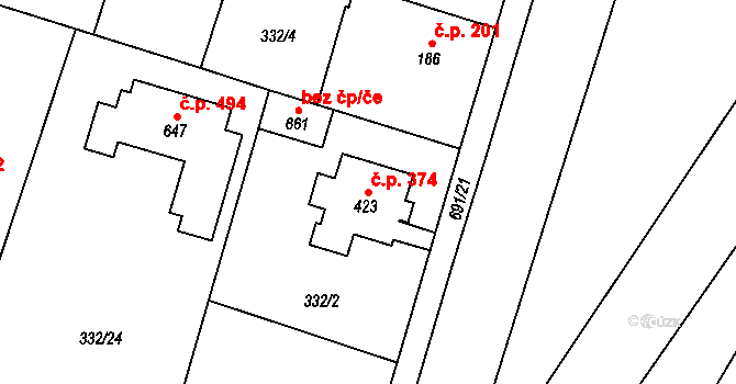 Líbeznice 374 na parcele st. 423 v KÚ Líbeznice, Katastrální mapa