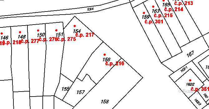 Šaratice 216 na parcele st. 156 v KÚ Šaratice, Katastrální mapa